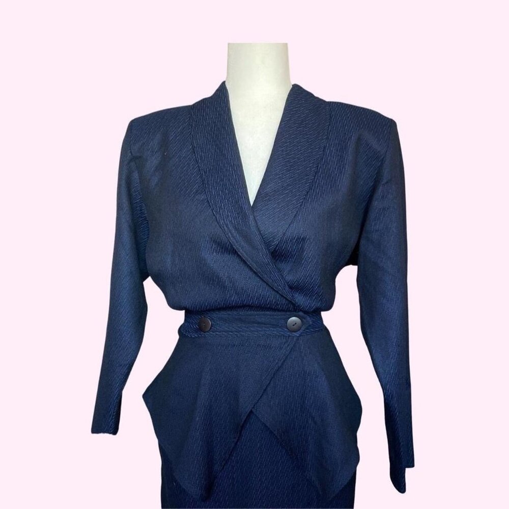 80s Blue Virgin Wool Blend Peplum Blazer Dress